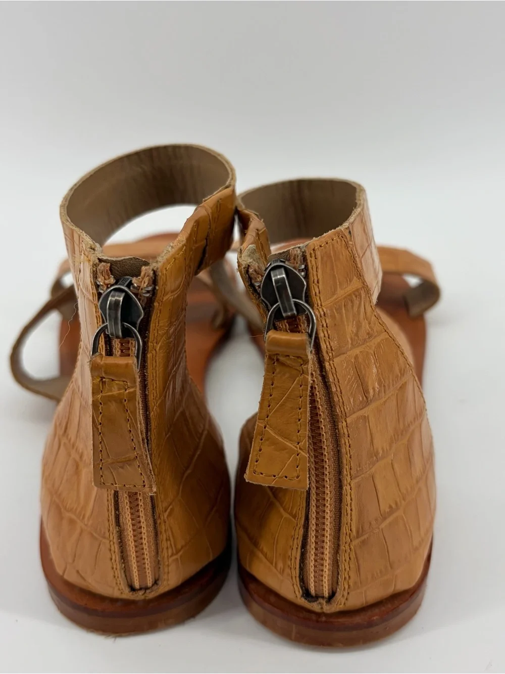 Able Crocodile Embossed Strappy Leather Zip Sandals Tan Women Size 10